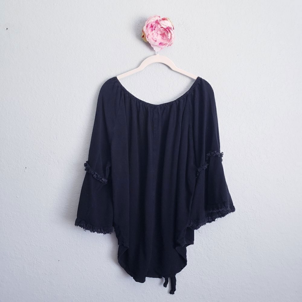 Umgee Black Off Shoulder Raw Hem Bell Sleeve Top - Picture 7 of 7